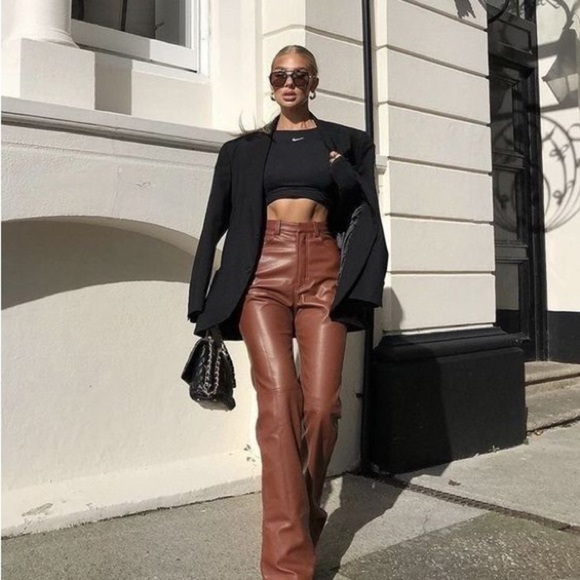 NEW ZARA Light Brown Faux Leather High Rise Slim Fit Flare Leg Pants w/ Slit - Picture 2 of 16